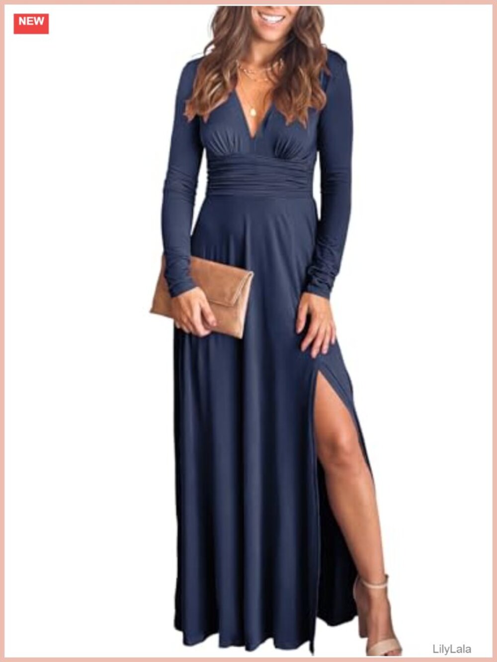 Women's Deep V Neck Long Sleeve Maxi Dress Formal Wedding Guest